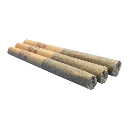 Diagonal close-up of three rolled joints on a white background showing the tips and paper branding of Cadillac Rainbow PR 3 x 0.5 g