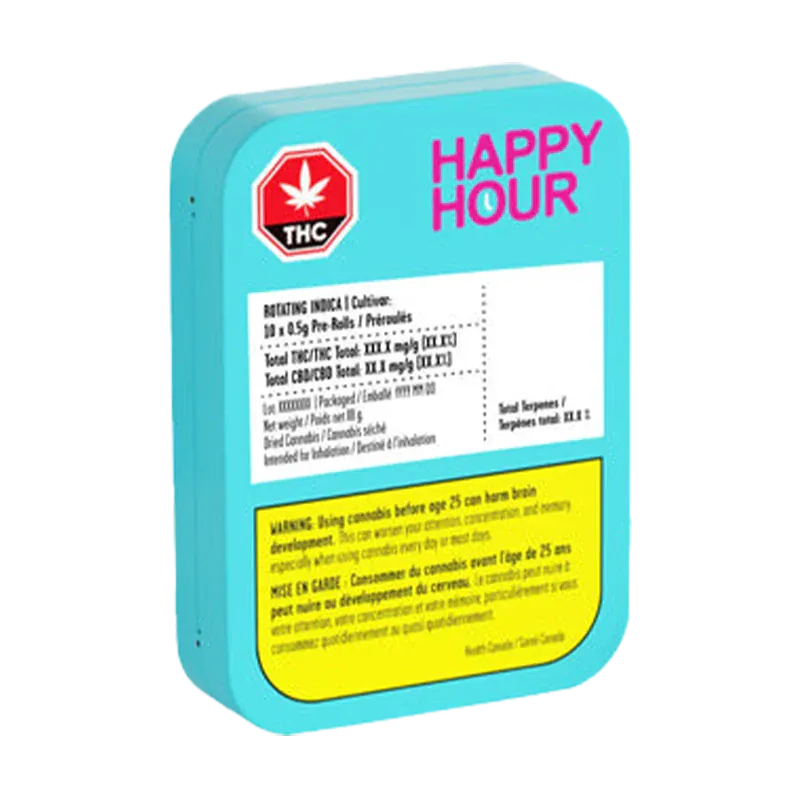 Angled view of a turquoise tin labeled "HAPPY HOUR" containing Indica PR 10 x 0.5 g with warning panels and a red THC symbol.