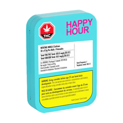 Angled view of a turquoise tin labeled "HAPPY HOUR" containing Indica PR 10 x 0.5 g with warning panels and a red THC symbol.