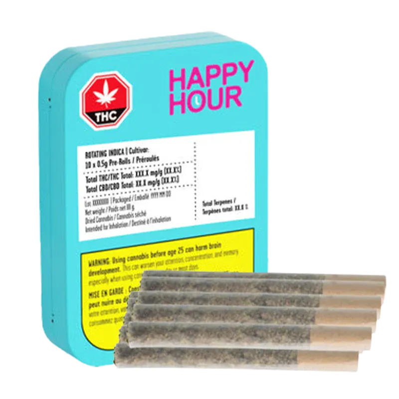 Three-quarter view of a turquoise tin labeled "HAPPY HOUR" with five pre-rolled joints in front, Indica PR 10 x 0.5 g