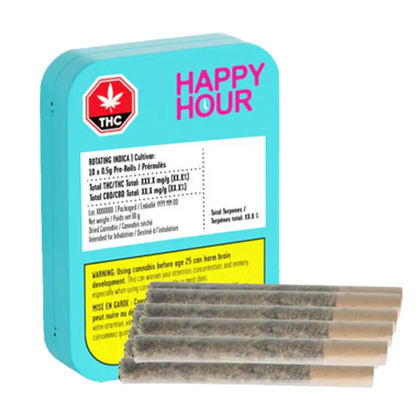 Three-quarter view of a turquoise tin labeled "HAPPY HOUR" with five pre-rolled joints in front, Indica PR 10 x 0.5 g