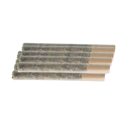 Close-up perspective of seven rolled joints arranged diagonally on white background, labeled Indica PR 10 x 0.5 g.