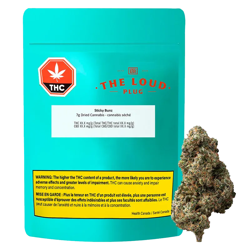 Product shot of Sticky Bunz showing a teal resealable pouch with branding and a cannabis bud to the right.