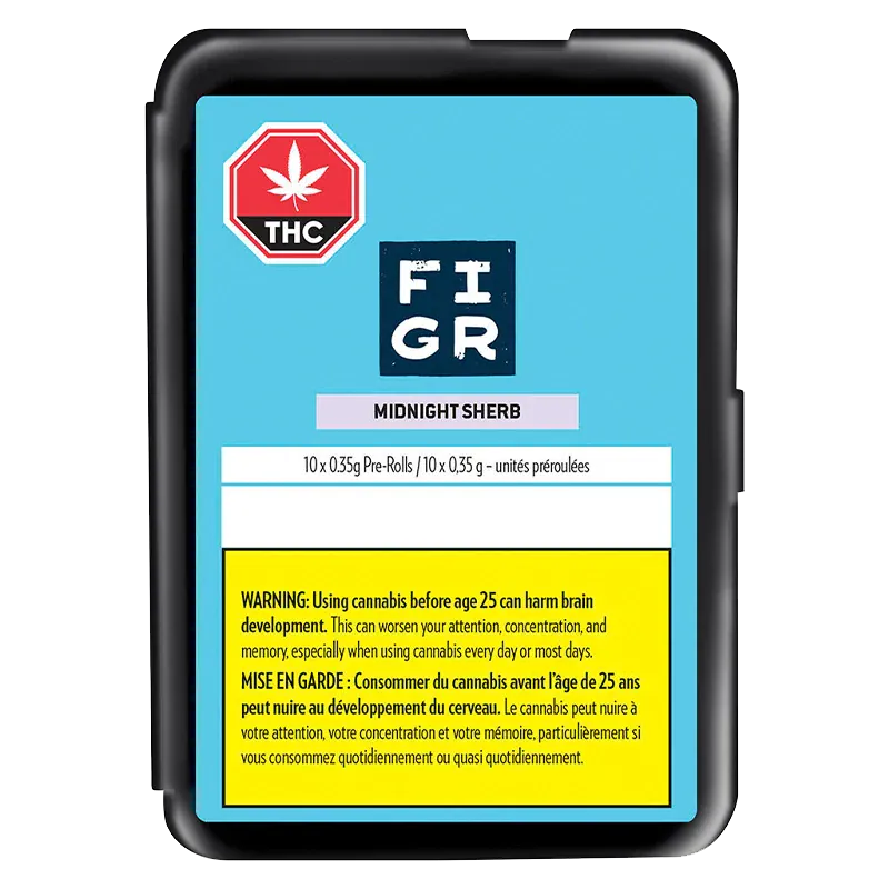 Top-down view of a rectangular blue tin labeled "Midnight Sherb PR 10 x 0.35 g" with a THC octagon, FIGR logo, and a yellow bilingual warning panel.