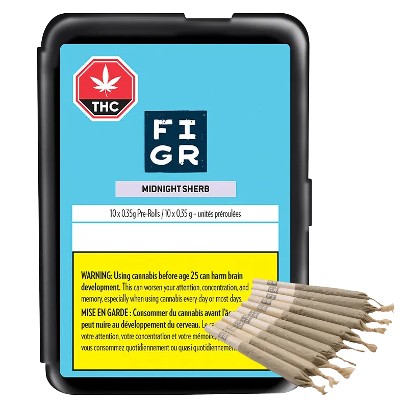 Front-facing pack of Midnight Sherb PR 10 x 0.35 g with a blue label and a fanned row of pre-rolls in the lower right.