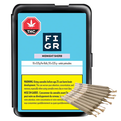 Front-facing pack of Midnight Sherb PR 10 x 0.35 g with a blue label and a fanned row of pre-rolls in the lower right.