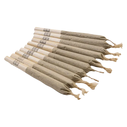 Angled close-up of ten twisted-end pre-rolls arranged in a fan, labeled Midnight Sherb PR 10 x 0.35 g.
