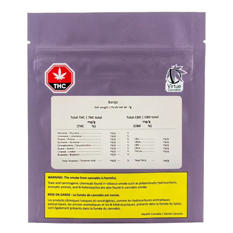 Front-facing shot of the purple Banjo packaging pouch labeled "Banjo" with a white product panel, THC emblem, Virtue Cannabis logo, and a yellow warning box.