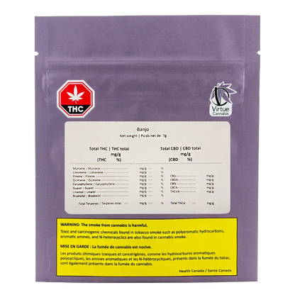 Front-facing shot of the purple Banjo packaging pouch labeled "Banjo" with a white product panel, THC emblem, Virtue Cannabis logo, and a yellow warning box.