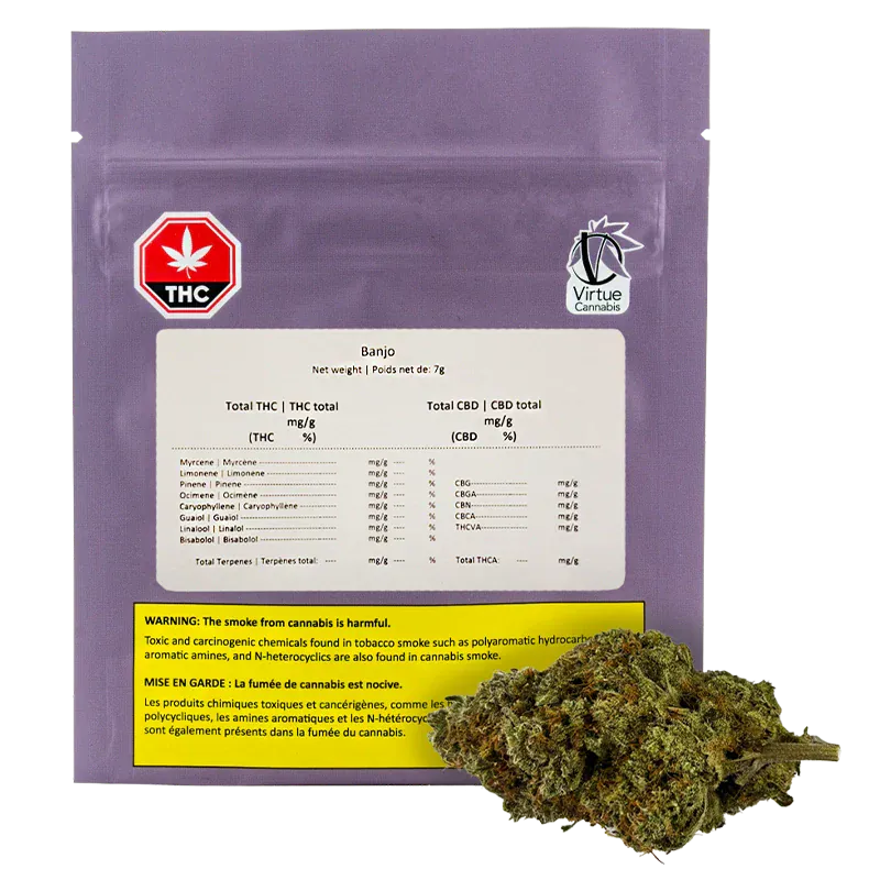 Rear view of the purple Virtue Cannabis Banjo pouch with regulatory labels, a white information panel, and a cannabis bud at the bottom right.