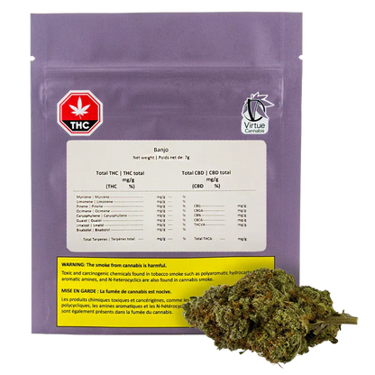 Rear view of the purple Virtue Cannabis Banjo pouch with regulatory labels, a white information panel, and a cannabis bud at the bottom right.