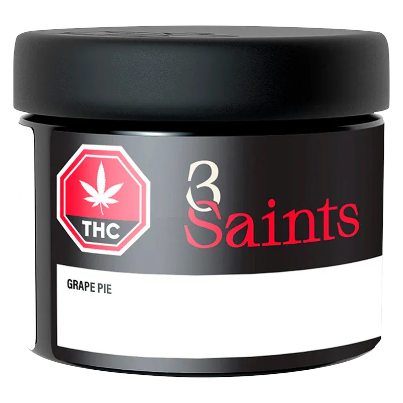 Front-facing shot of the 3 Saints Grape Pie black jar with a red THC stop-sign logo and bold red "Saints" lettering on the label.