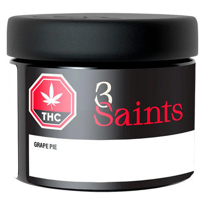 Front-facing shot of the 3 Saints Grape Pie black jar with a red THC stop-sign logo and bold red "Saints" lettering on the label.