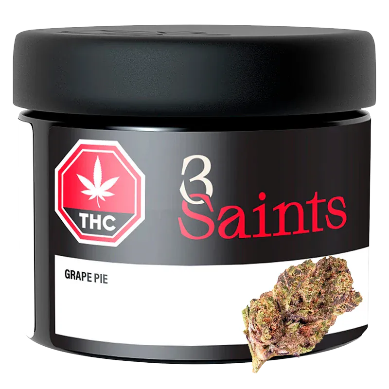 Front-facing shot of a black jar labeled "3 Saints Grape Pie" with a red THC emblem and a cannabis bud pictured on the lower right.
