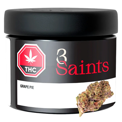 Front-facing shot of a black jar labeled "3 Saints Grape Pie" with a red THC emblem and a cannabis bud pictured on the lower right.