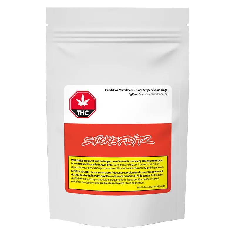 Front view of a white resealable pouch labeled "Candi Gas Mixed Pack - Froot Stripez & Gas Tingz" with a red lower panel, THC symbol, and yellow warning box.