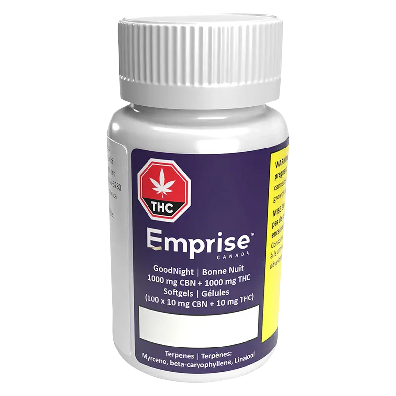 Front three-quarter view of the white bottle labeled Emprise GoodNight - 1000 CBN + 1000 THC Softgels against a plain white background.
