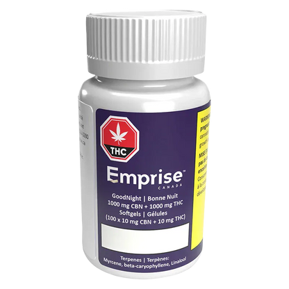 Front three-quarter view of the white bottle labeled Emprise GoodNight - 1000 CBN + 1000 THC Softgels against a plain white background.