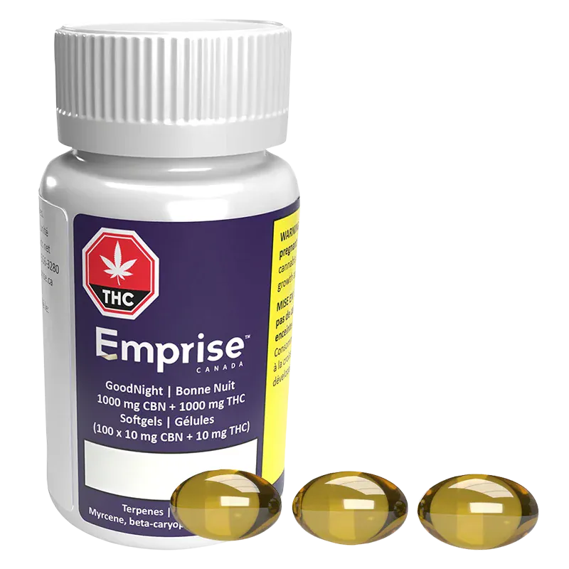 Angled front view of the GoodNight - 1000 CBN + 1000 THC Softgels bottle with three amber softgels in front.