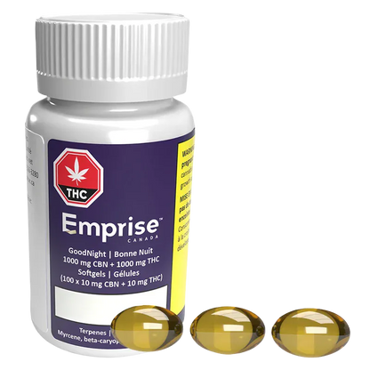 Angled front view of the GoodNight - 1000 CBN + 1000 THC Softgels bottle with three amber softgels in front.