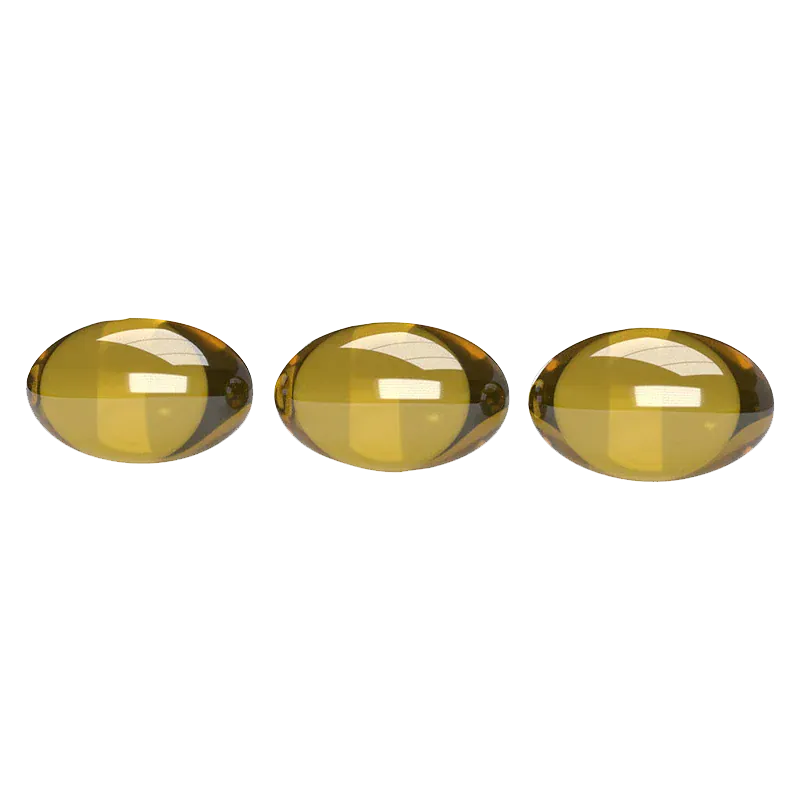Three glossy amber softgel capsules in a row photographed front-on against a white background, GoodNight - 1000 CBN + 1000 THC Softgels