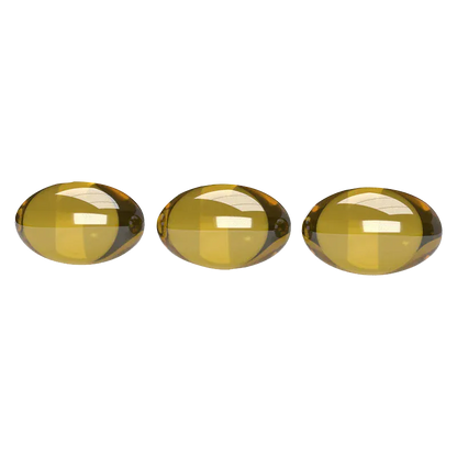 Three glossy amber softgel capsules in a row photographed front-on against a white background, GoodNight - 1000 CBN + 1000 THC Softgels