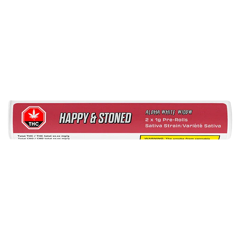 Horizontal front view of the red-labeled tube reading "Happy & Stoned" containing Aloha White Widow PR 2 x 1 g pre-rolls.