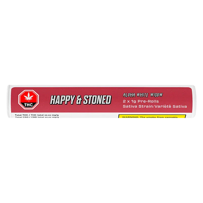 Horizontal front view of the red-labeled tube reading "Happy & Stoned" containing Aloha White Widow PR 2 x 1 g pre-rolls.