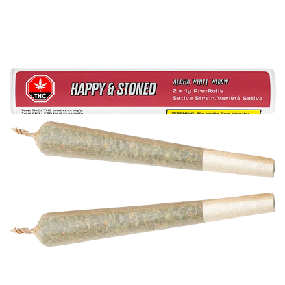 Top-down view of two twisted-tip pre-rolls in front of a red and white tube labeled Aloha White Widow PR 2 x 1 g.