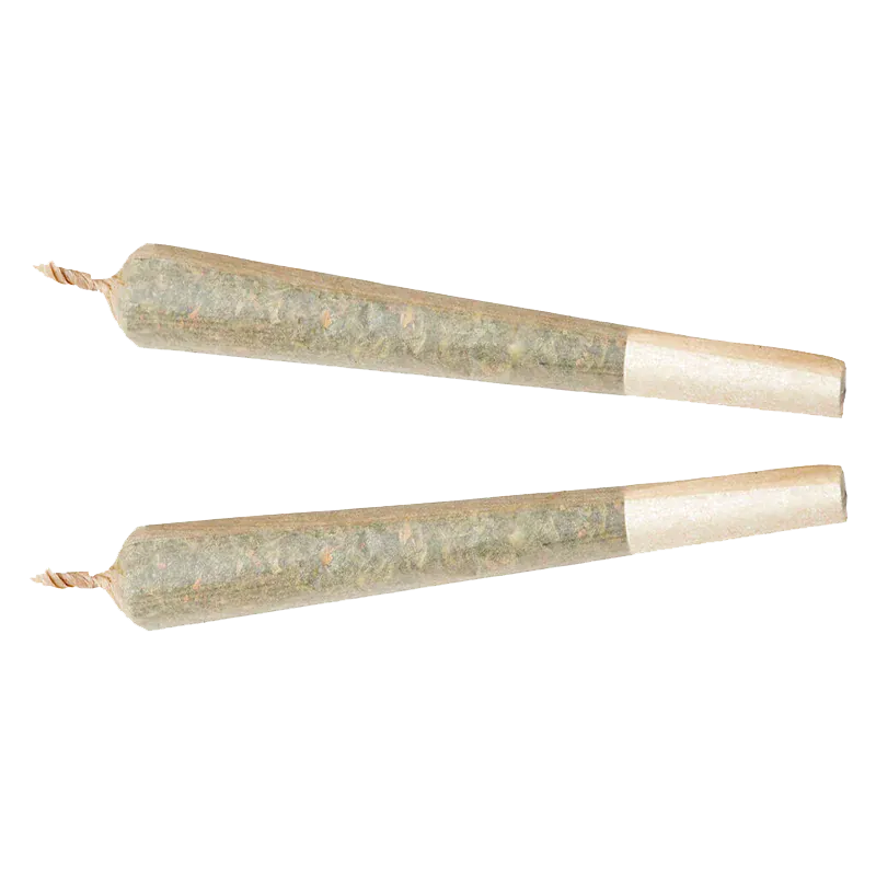 Two angled pre-rolled joints on a white background, labeled Aloha White Widow PR 2 x 1 g, shown side by side with twisted crutch tips.