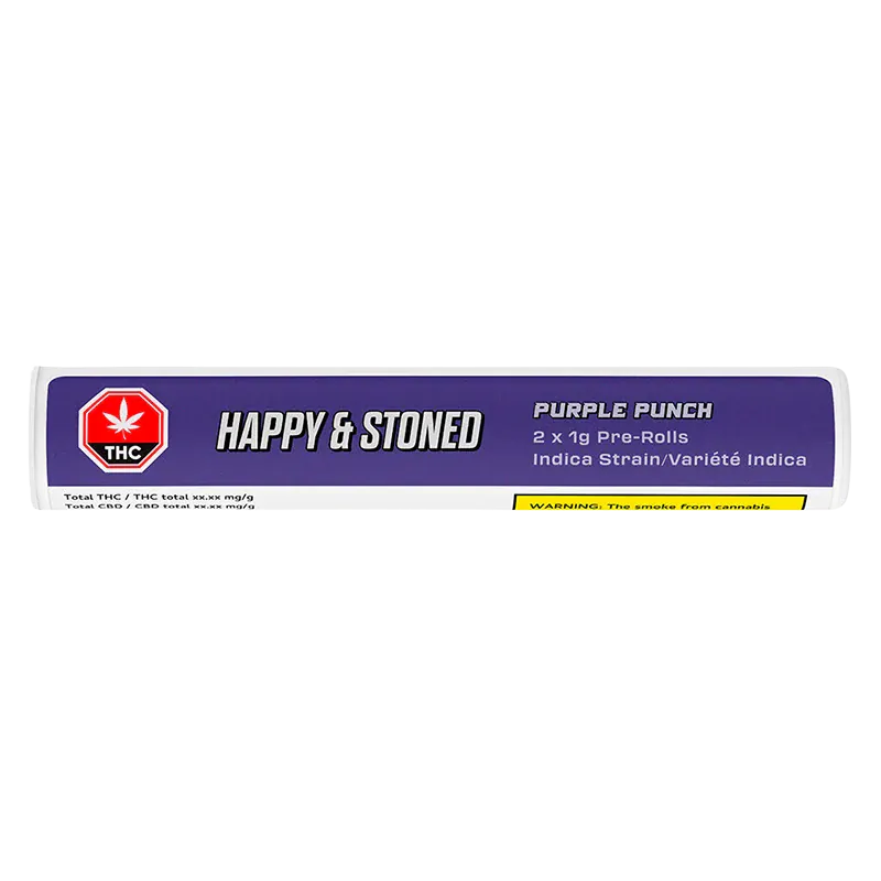 Horizontal close-up of the purple label on the Happy & Stoned Purple Punch PR 2 x 1 g tube, showing bold white logo, THC icon, and product details.