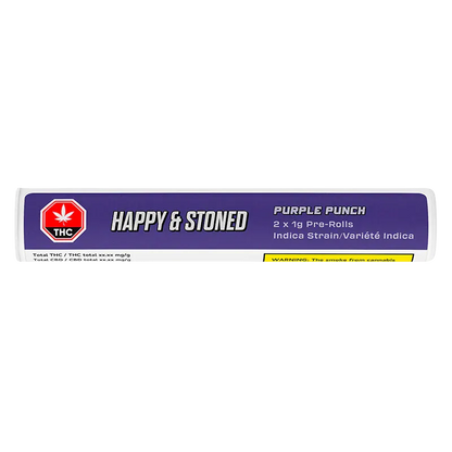 Horizontal close-up of the purple label on the Happy & Stoned Purple Punch PR 2 x 1 g tube, showing bold white logo, THC icon, and product details.