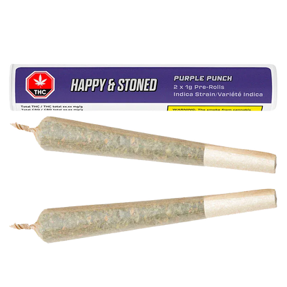 Top-down view of two rolled joints below a purple tube labeled "Purple Punch PR 2 x 1 g" showing the paper tips and twisted ends.