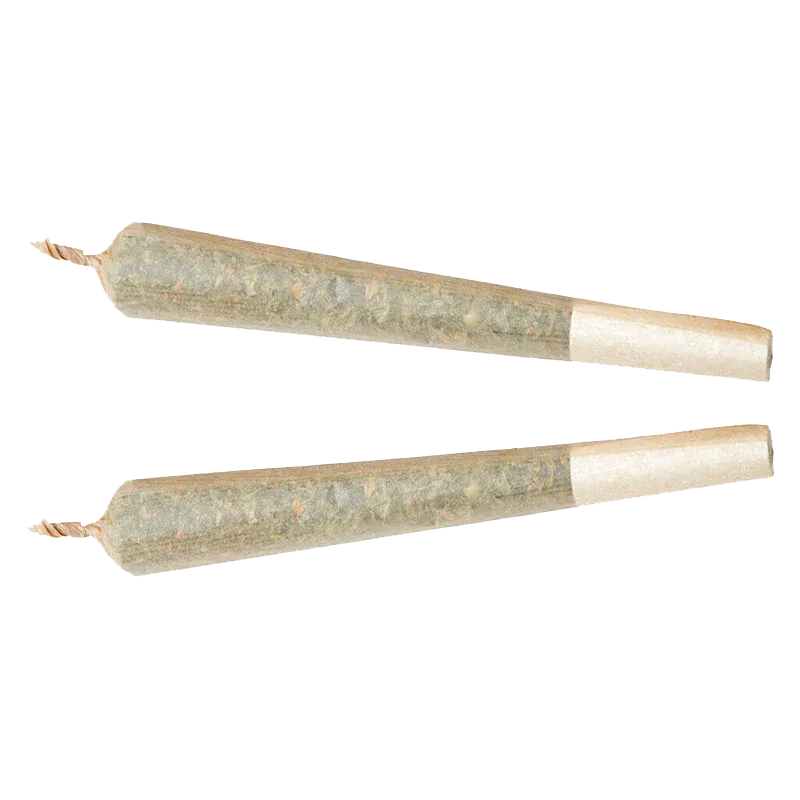 Top-down view of two slender rolled joints labeled Purple Punch PR 2 x 1 g, laid parallel on a white background.