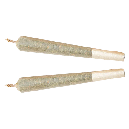 Top-down view of two slender rolled joints labeled Purple Punch PR 2 x 1 g, laid parallel on a white background.