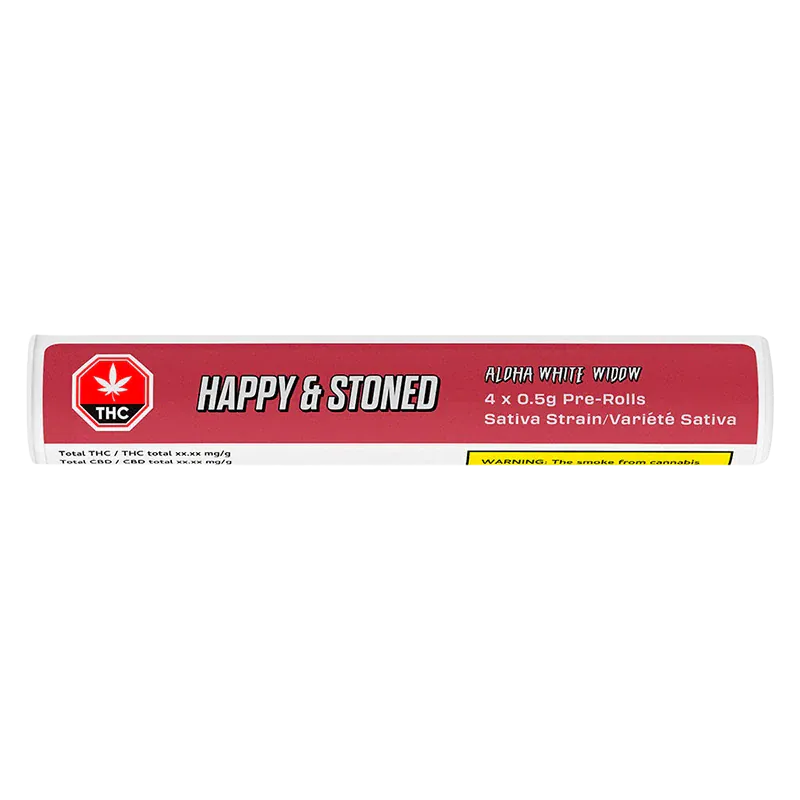 Horizontal front view of the Aloha White Widow PR 4 x 0.5 g clear tube with a red "Happy & Stoned" label and THC icon.