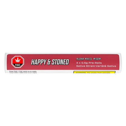 Horizontal front view of the Aloha White Widow PR 4 x 0.5 g clear tube with a red "Happy & Stoned" label and THC icon.
