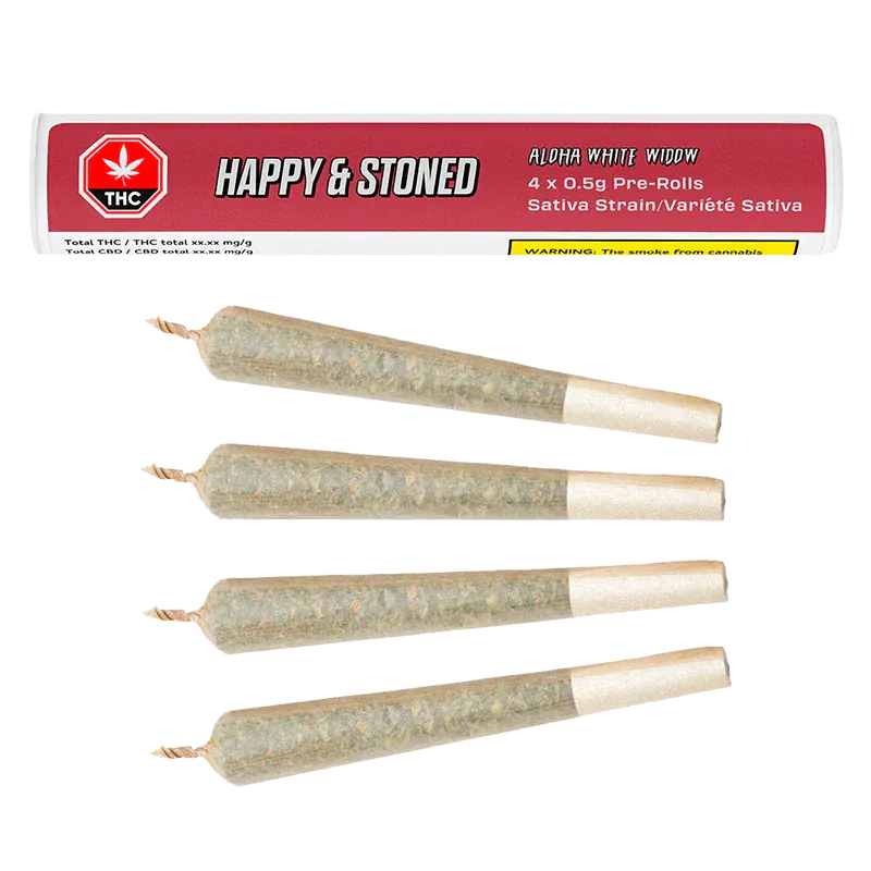 Top-down view of four cone-shaped Aloha White Widow PR 4 x 0.5 g pre-rolls aligned parallel beneath the product's red branded label.