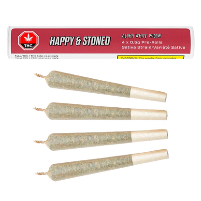 Top-down view of four cone-shaped Aloha White Widow PR 4 x 0.5 g pre-rolls aligned parallel beneath the product's red branded label.
