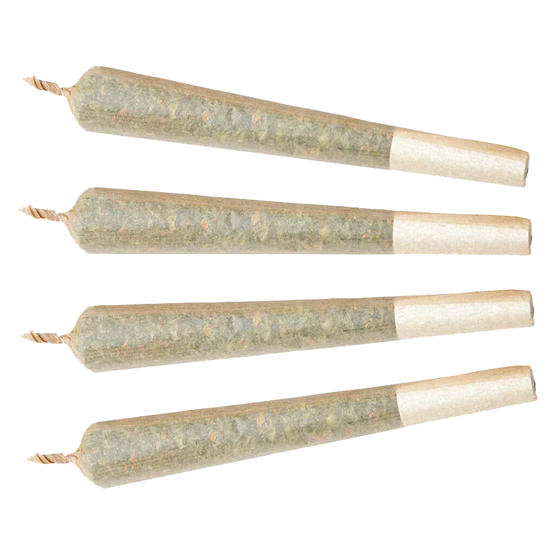 Top-down view of four twisted-tip pre-rolls arranged in parallel, labeled Aloha White Widow PR 4 x 0.5 g.
