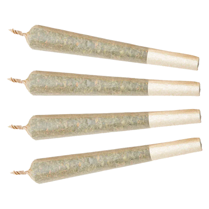 Top-down view of four twisted-tip pre-rolls arranged in parallel, labeled Aloha White Widow PR 4 x 0.5 g.