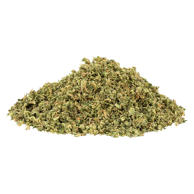 Pile of finely ground OG Rootbeer displayed against a white background, photographed from a low front angle showing texture and green-orange flecks