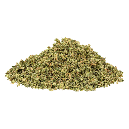 Pile of finely ground OG Rootbeer displayed against a white background, photographed from a low front angle showing texture and green-orange flecks