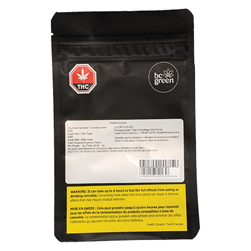 Back view of the black pouch showing the Frosted Gumbo brand logo and THC warning labels centered on the packaging.