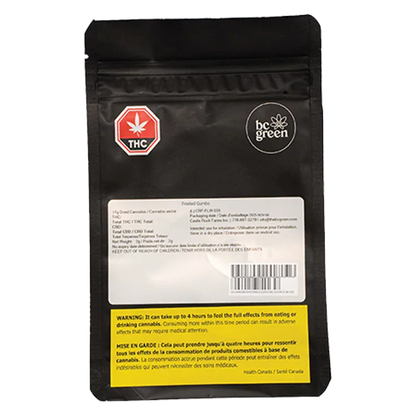 Back view of the black pouch showing the Frosted Gumbo brand logo and THC warning labels centered on the packaging.