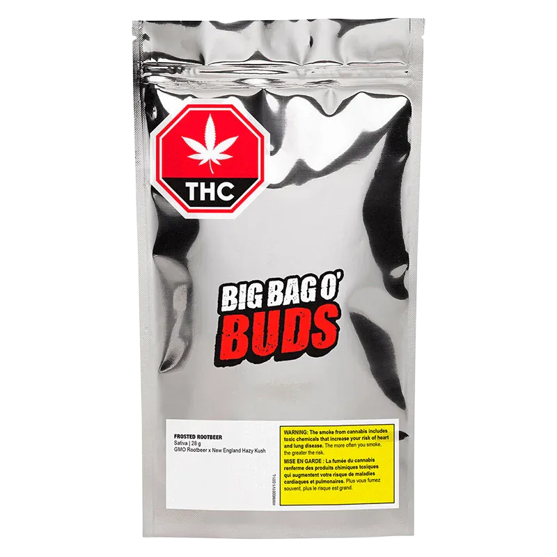 Front-facing shot of the metallic pouch labeled Frosted Rootbeer Big Bag O' Buds with a red THC stop sign near the top.