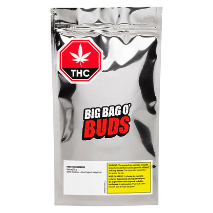 Front-facing shot of the metallic pouch labeled Frosted Rootbeer Big Bag O' Buds with a red THC stop sign near the top.