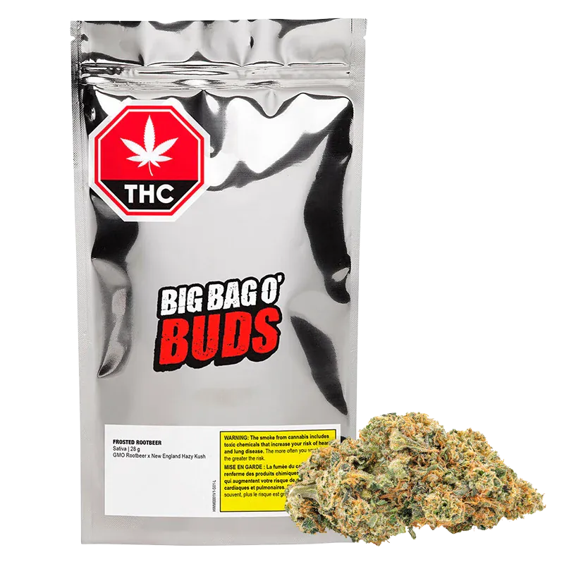 Front-facing silver pouch labeled Big Bag O' Buds with a pile of Frosted Rootbeer cannabis nugs in front.