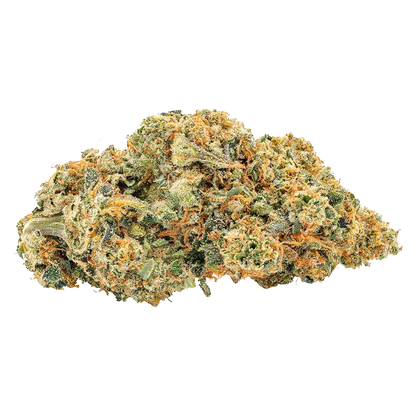 Close-up front view of a frosty bud of Frosted Rootbeer, showing dense green nugs studded with orange hairs and a sparkling trichome coating.