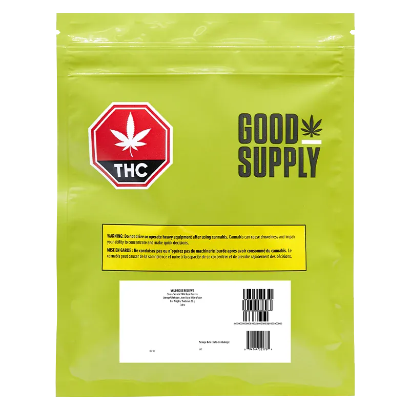 Flat front view of the lime-green Wild Rose Reserve pouch featuring a red THC octagon and bold "GOOD SUPPLY" logo.